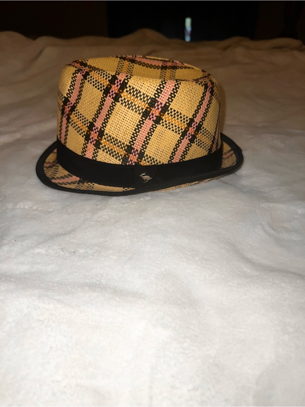 Peter Grimm Plaid Fedora Straw Hat Tan Pink Black Checkered One Size